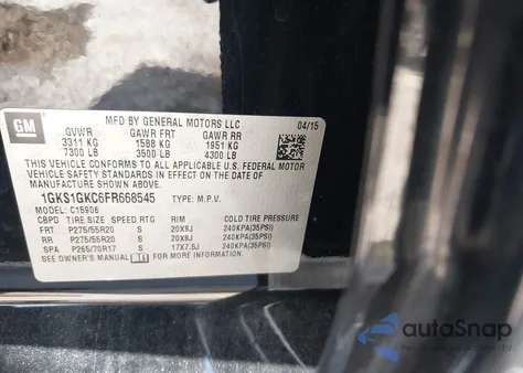 2015 GMC Yukon Xl 1500 Sle z USA, uszkodzony, nr VIN 1GKS1GKC6FR668545